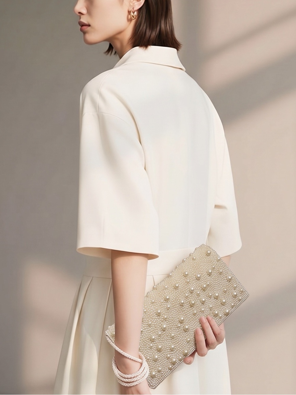 Pearl-Embellished Ivory Evening Clutch by Morgan Taylor
